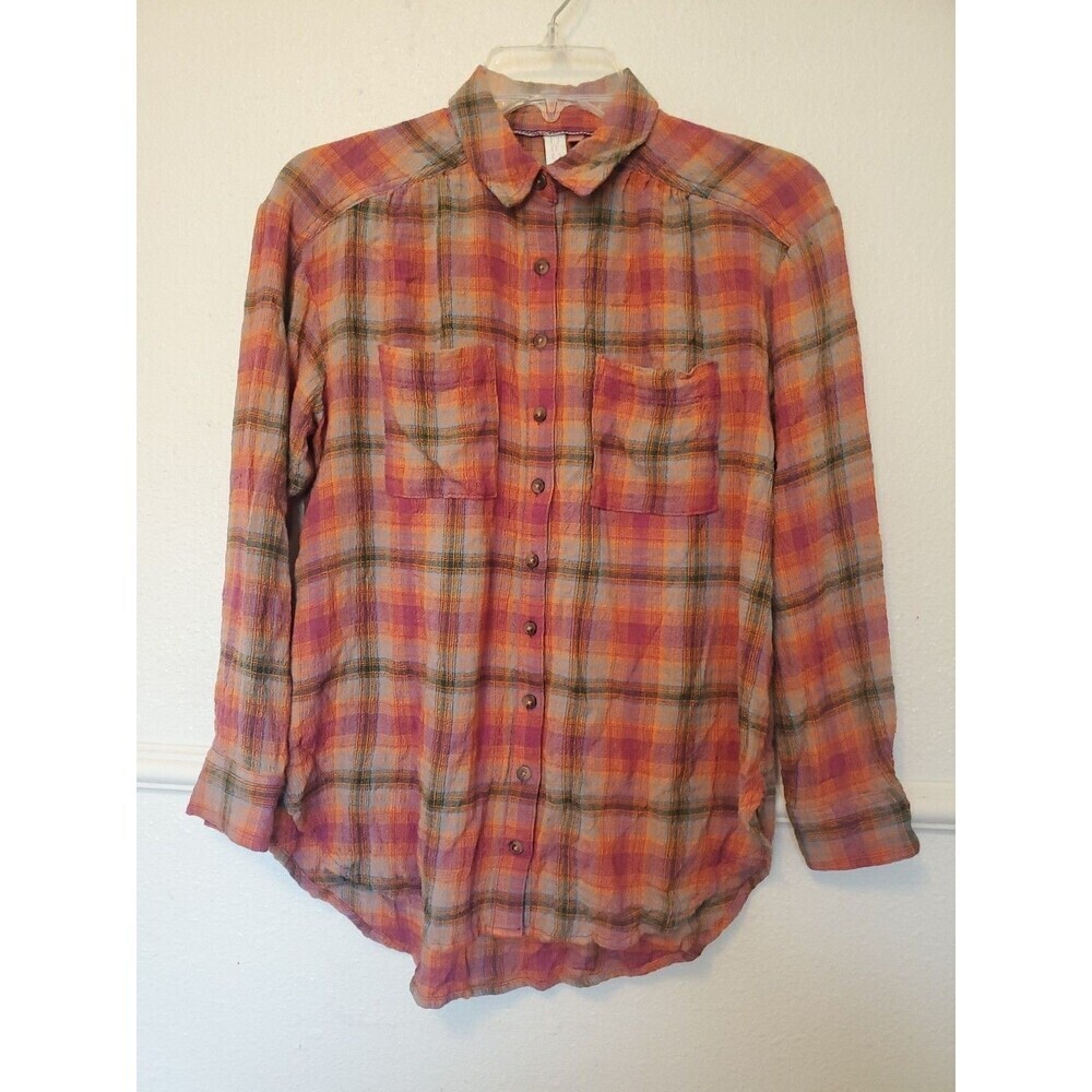 Anthropologie Pilcro Seamed Plaid Button Down Tunic Top Pink Orange Women Sz XSP